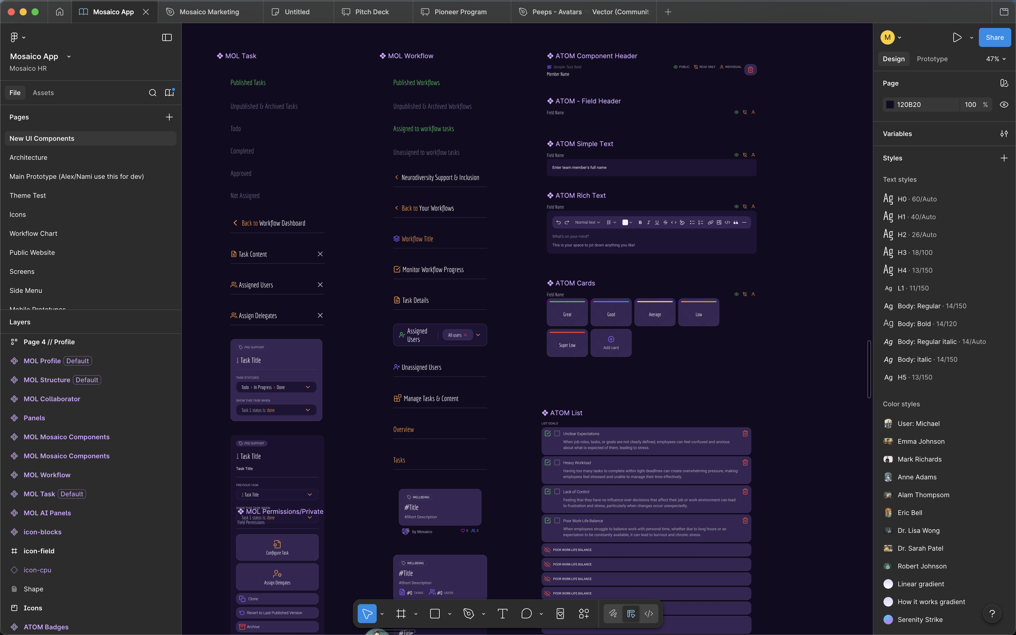 Mosaico Figma component library — organised tree of production-ready components